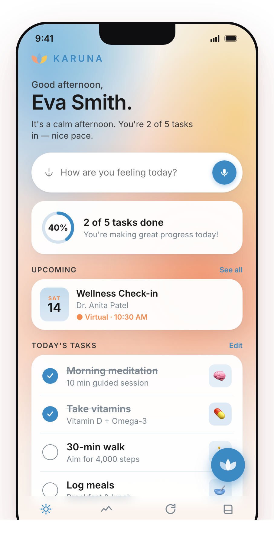 Karuna app — Today screen